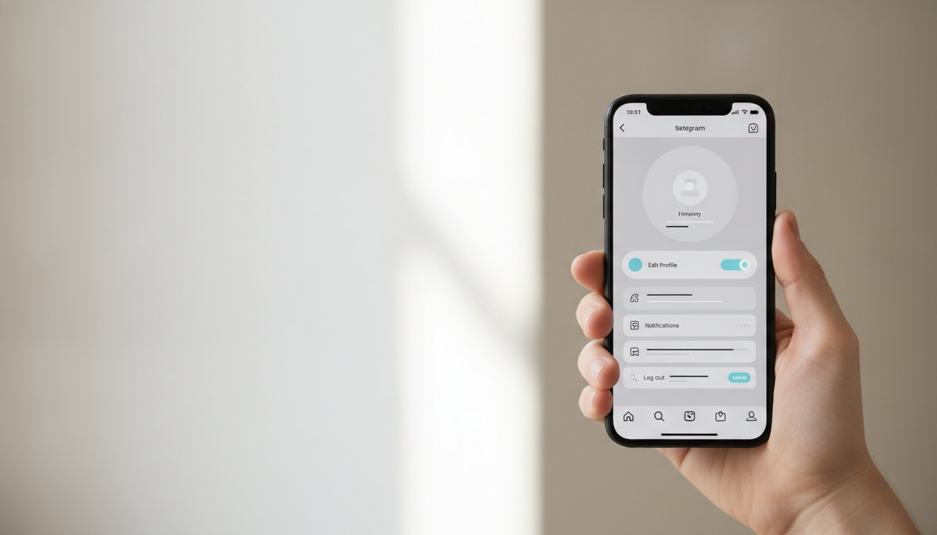 Mão segurando smartphone com a tela exibindo as opções de configuração de perfil de um aplicativo.